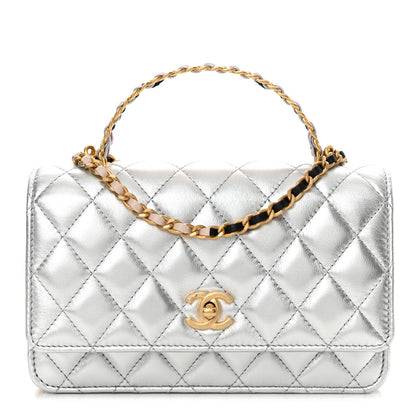 Chanel Metallic Calfskin Quilted Top Handle Wallet on Chain WOC Silver 1 of 14