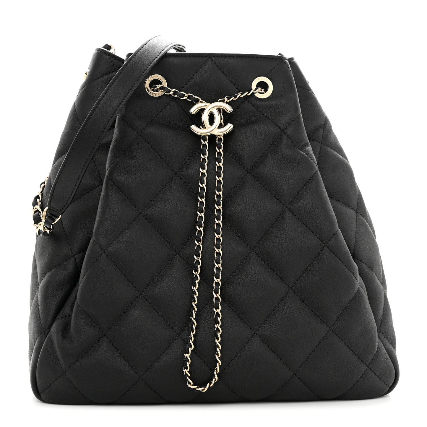 Lambskin Quilted Chain Drawstring Bag Black