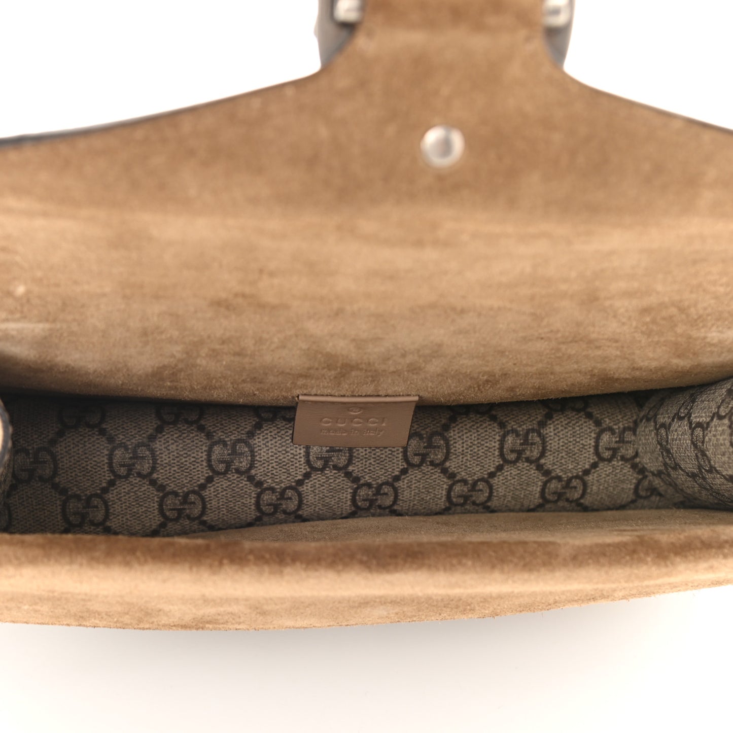 GG Supreme Monogram Suede Crystal Small Dionysus Shoulder Bag Beige Ebony Taupe