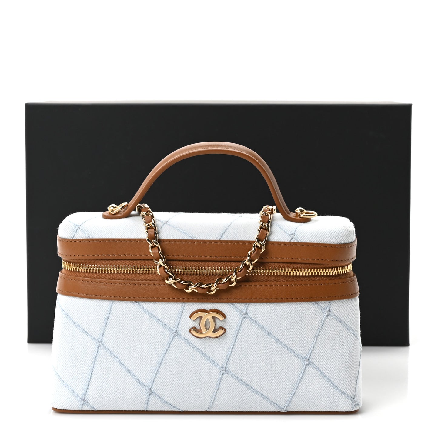 Washed Denim Calfskin Quilted Top Handle Slim Vanity Case With Chain Blue Brown