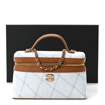Chanel Washed Denim Calfskin Quilted Top Handle Slim Vanity Case With Chain Blue Brown 11 of 11