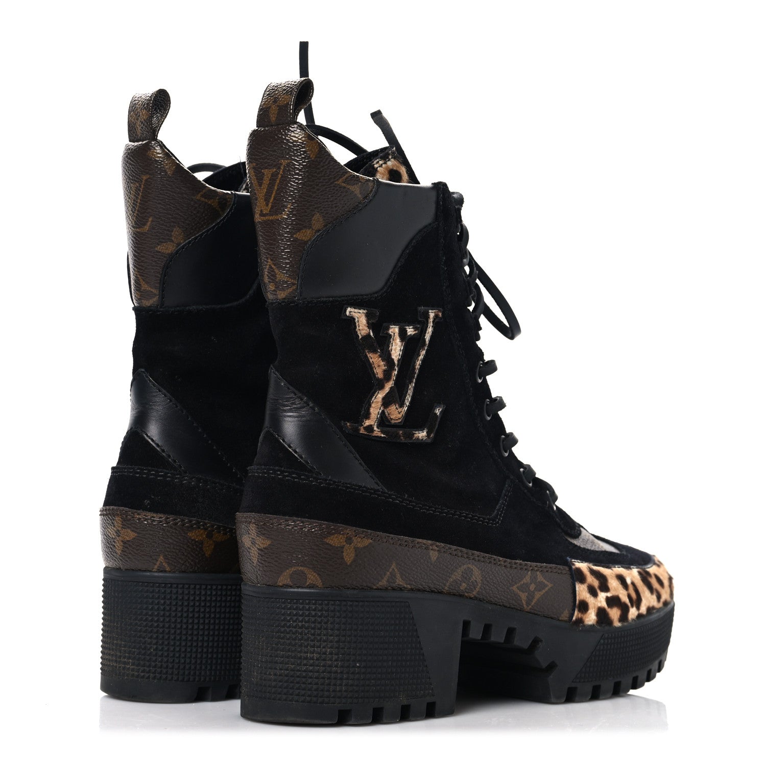 Louis Vuitton Suede Calfskin Monogram Calf Hair Laureate Platform Desert Boots 37.5 Black 5 of 8