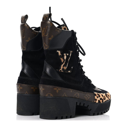 Louis Vuitton Suede Calfskin Monogram Calf Hair Laureate Platform Desert Boots 37.5 Black 5 of 8