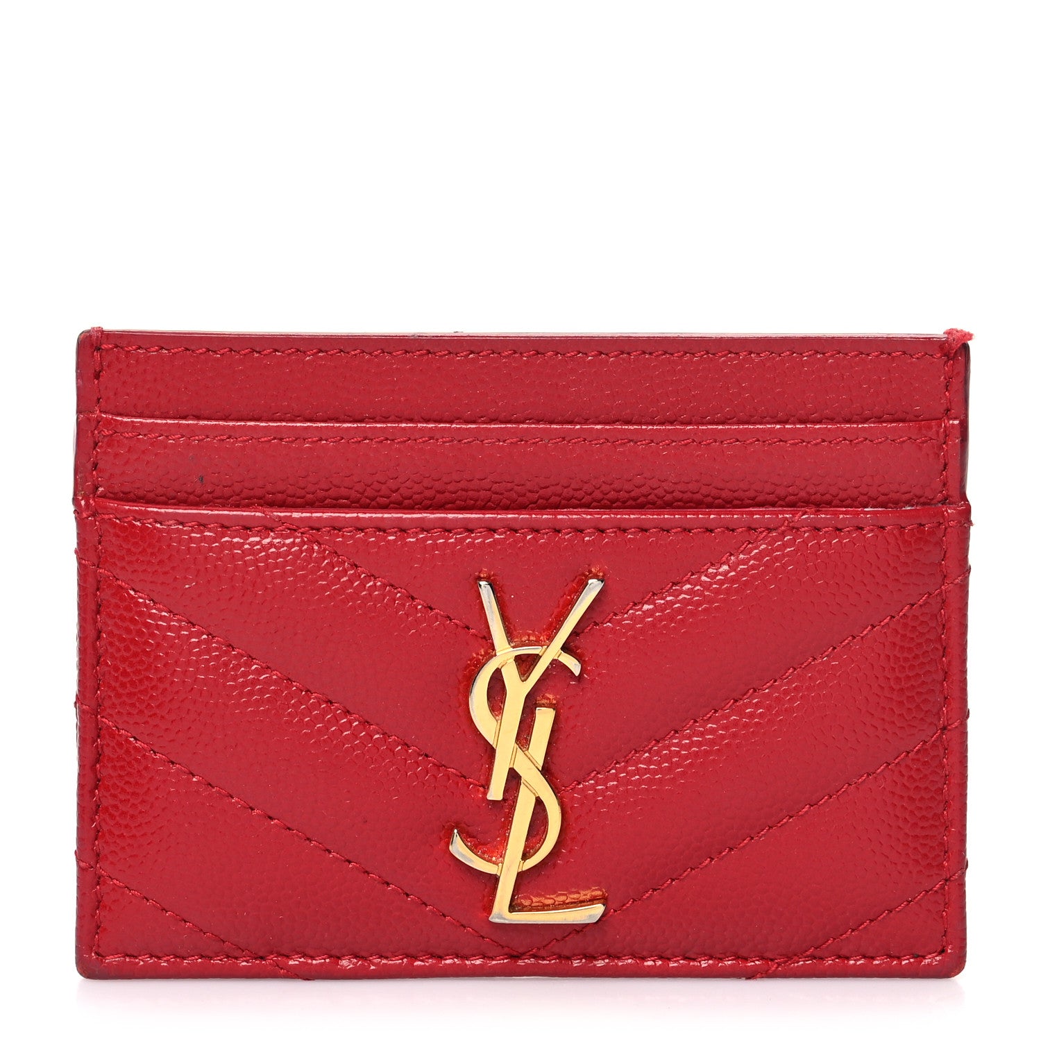 Saint Laurent Grain De Poudre Matelasse Chevron Monogram Credit Card Case Rouge Eros 1 of 15