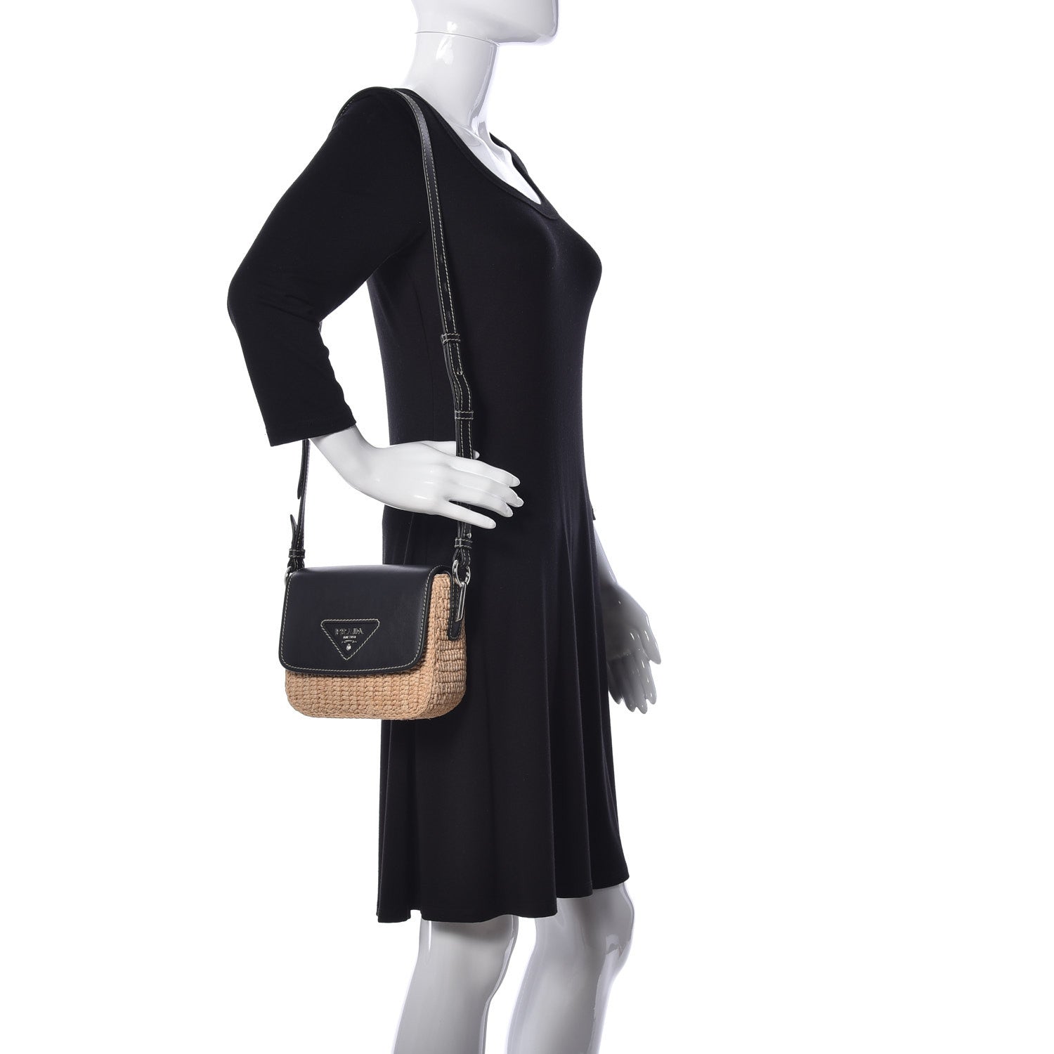 Prada Raffia Vitello Flap Shoulder Bag Naturale Black 761392