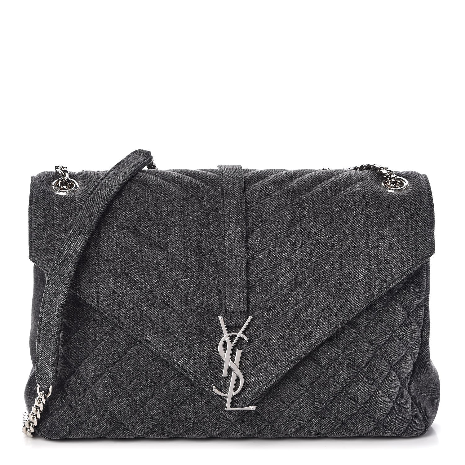 Saint Laurent Denim Mixed Matelasse Triquilt Large Monogram Envelope Satchel Black 1 of 10