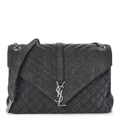 Saint Laurent Denim Mixed Matelasse Triquilt Large Monogram Envelope Satchel Black 1 of 10