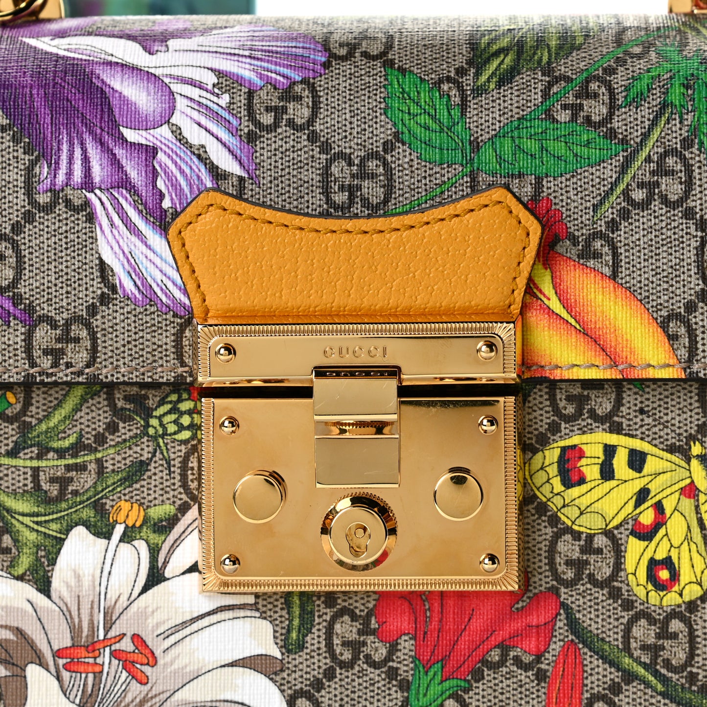 GG Supreme Monogram Flora Small Padlock Bamboo Shoulder Bag Beige Multicolor Crop