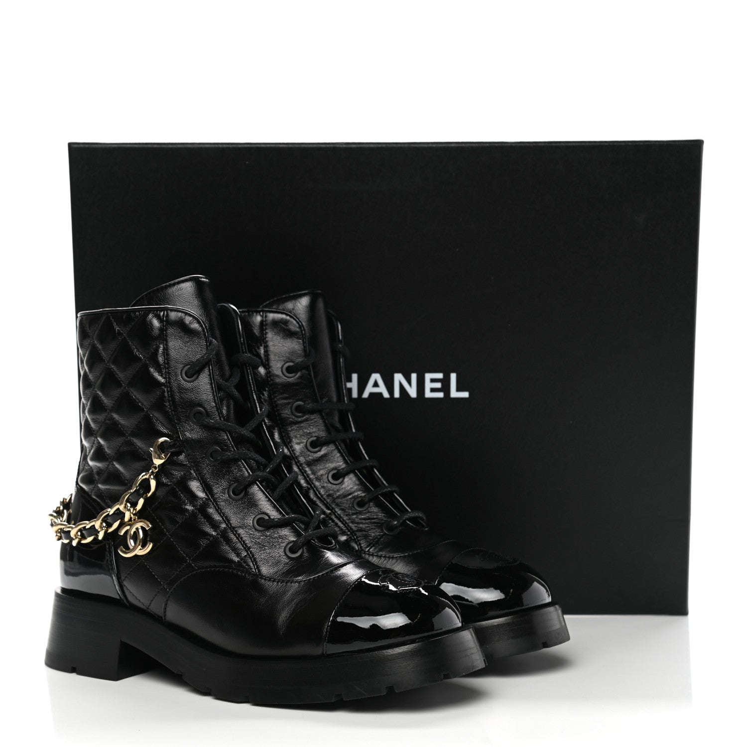 Chanel Shiny Calfskin Patent Quilted Chain Lace Up Combat Boots 38.5 Black 9 of 9