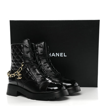 Chanel Shiny Calfskin Patent Quilted Chain Lace Up Combat Boots 38.5 Black 9 of 9