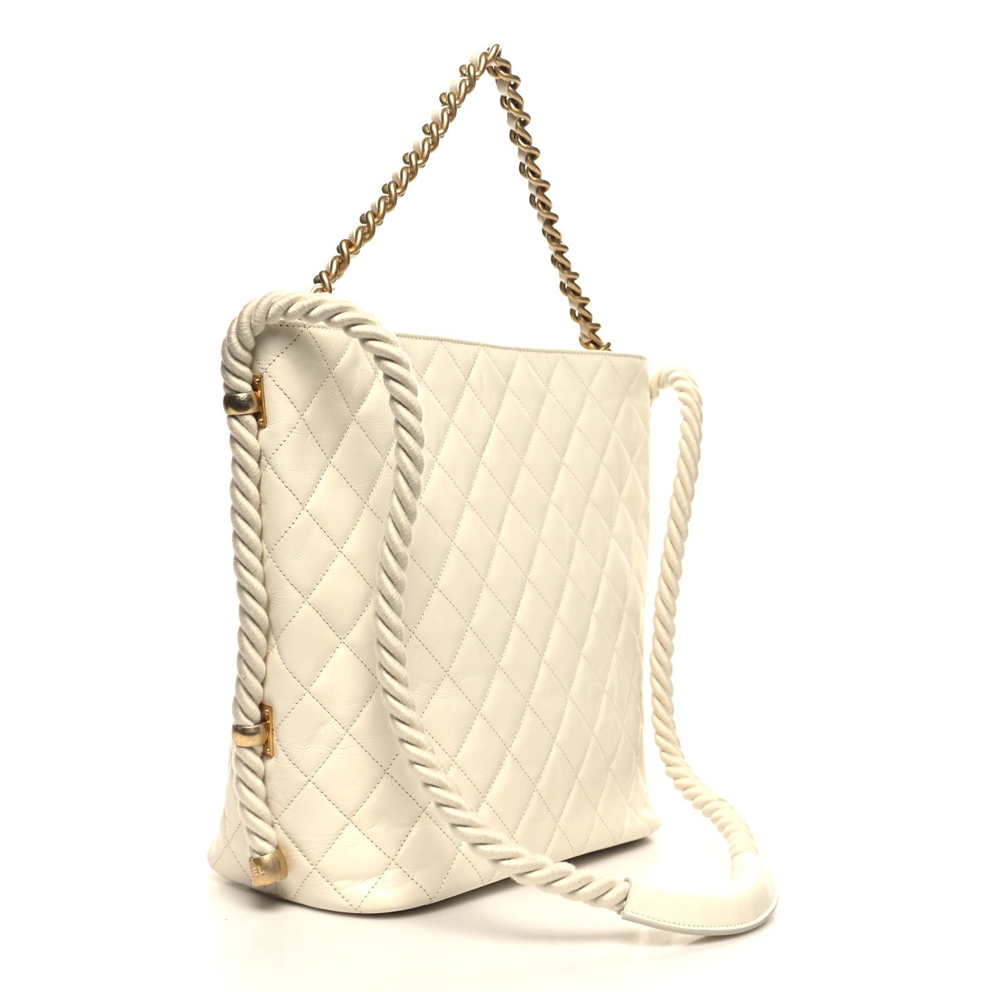 Crumpled Calfskin En Vogue Rope Hobo Bag White