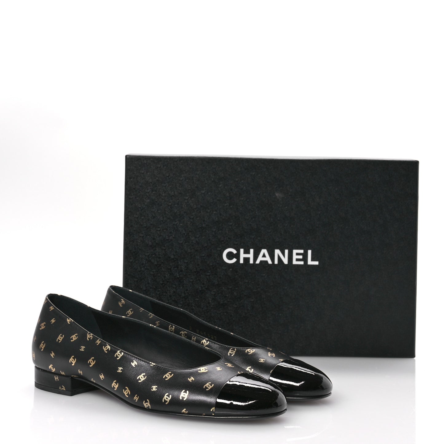 Lambskin Patent Calfskin Printed CC Cap Toe Ballerina Flats 37.5 Black Gold