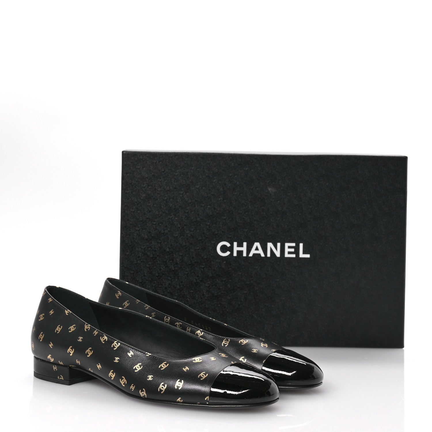 Chanel Lambskin Patent Calfskin Printed CC Cap Toe Ballerina Flats 37.5 Black Gold 9 of 9