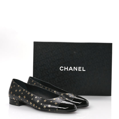 Chanel Lambskin Patent Calfskin Printed CC Cap Toe Ballerina Flats 37.5 Black Gold 9 of 9