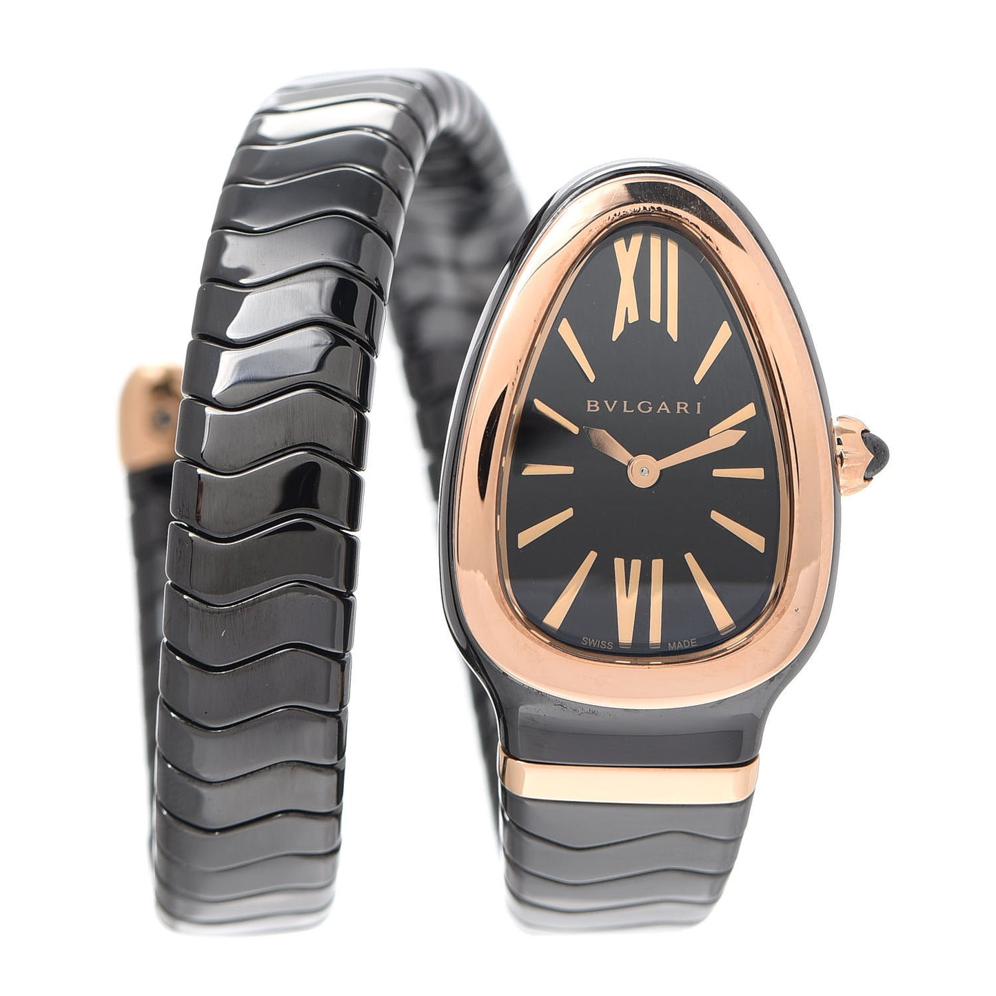 18K Rose Gold Ceramic 35mm Serpenti Tubogas Quartz Watch Black