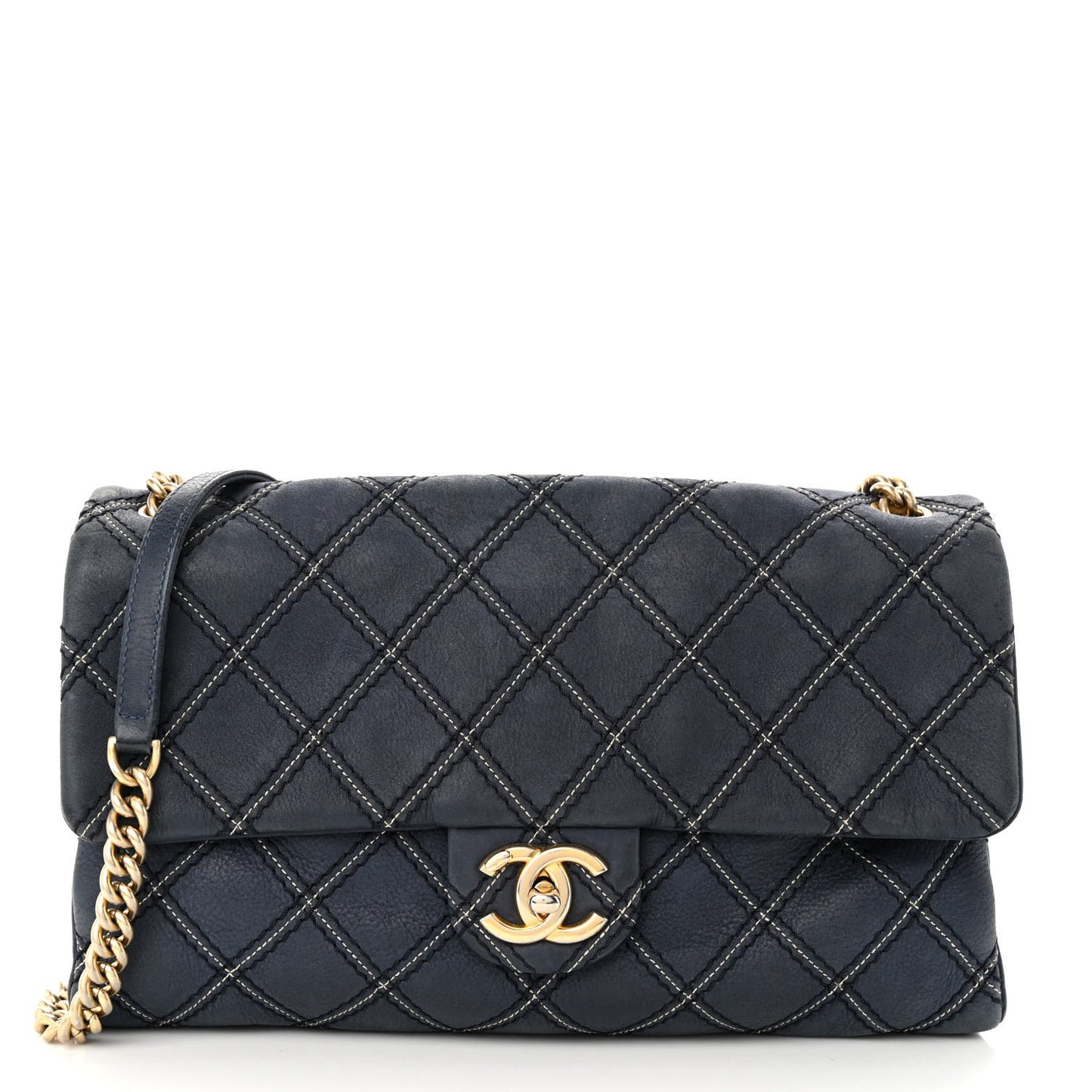 Iridescent Calfskin Triple Stitched Medium Flap Navy