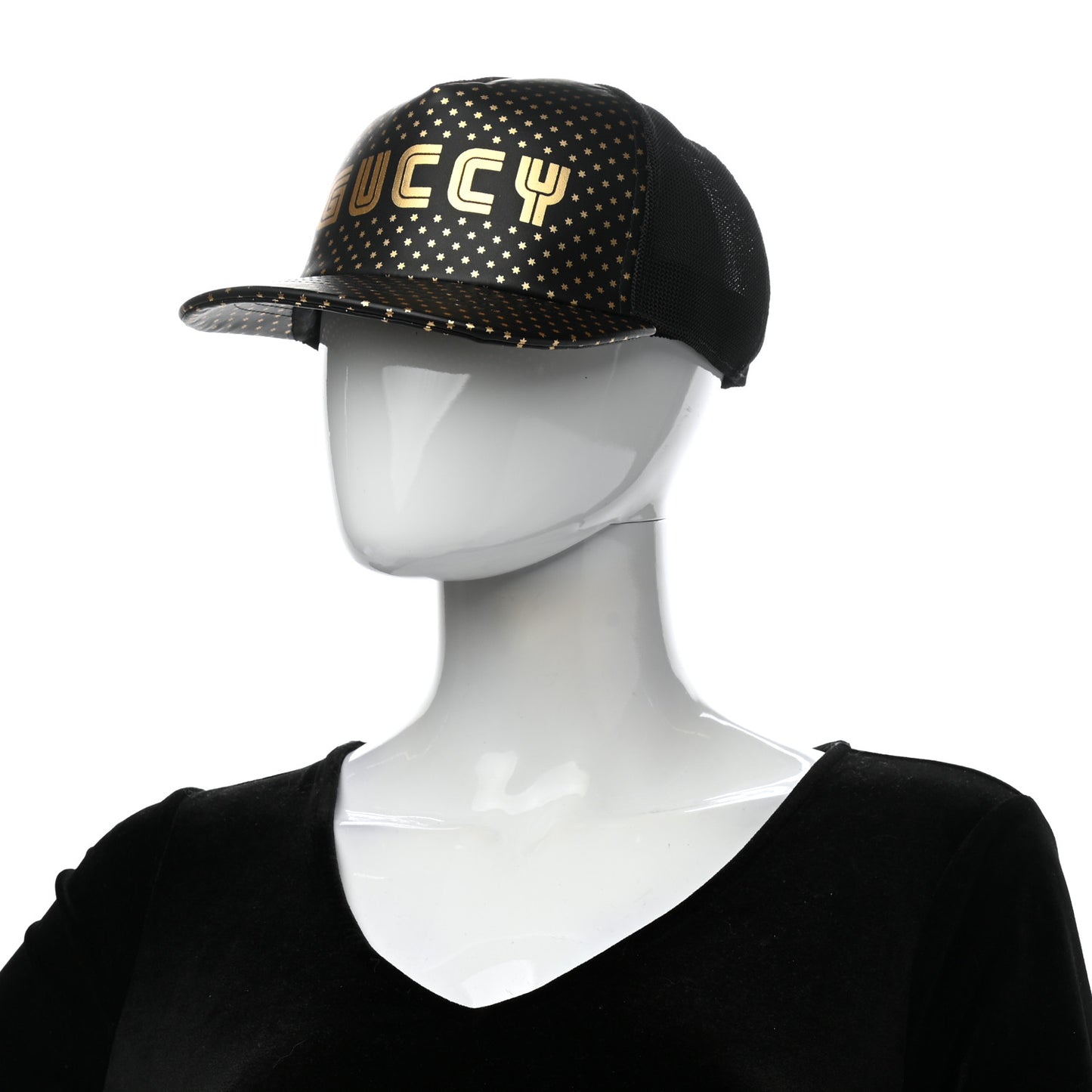 X SEGA Calfskin GUCCY Stars Baseball Hat M Black Gold