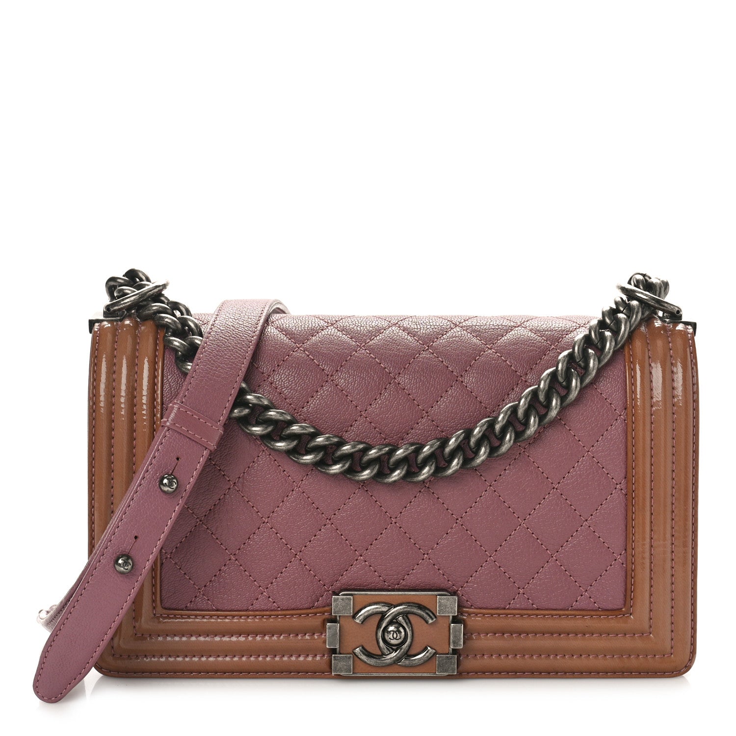 Chanel Goatskin Quilted Patent Medium Duo Boy Flap Pink Tan 1 of 12