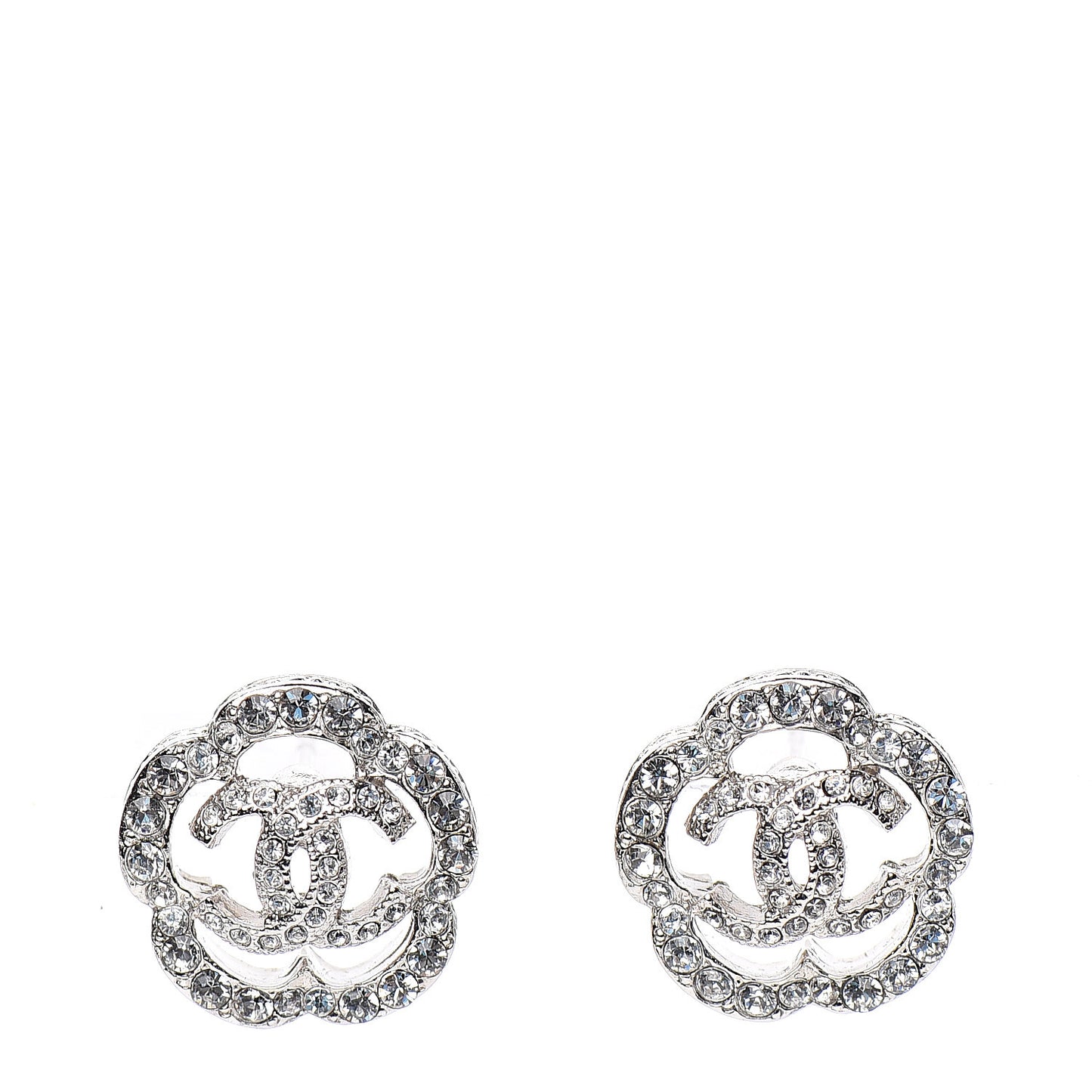 Crystal Coco Flapper Camellia CC Stud Earrings Silver