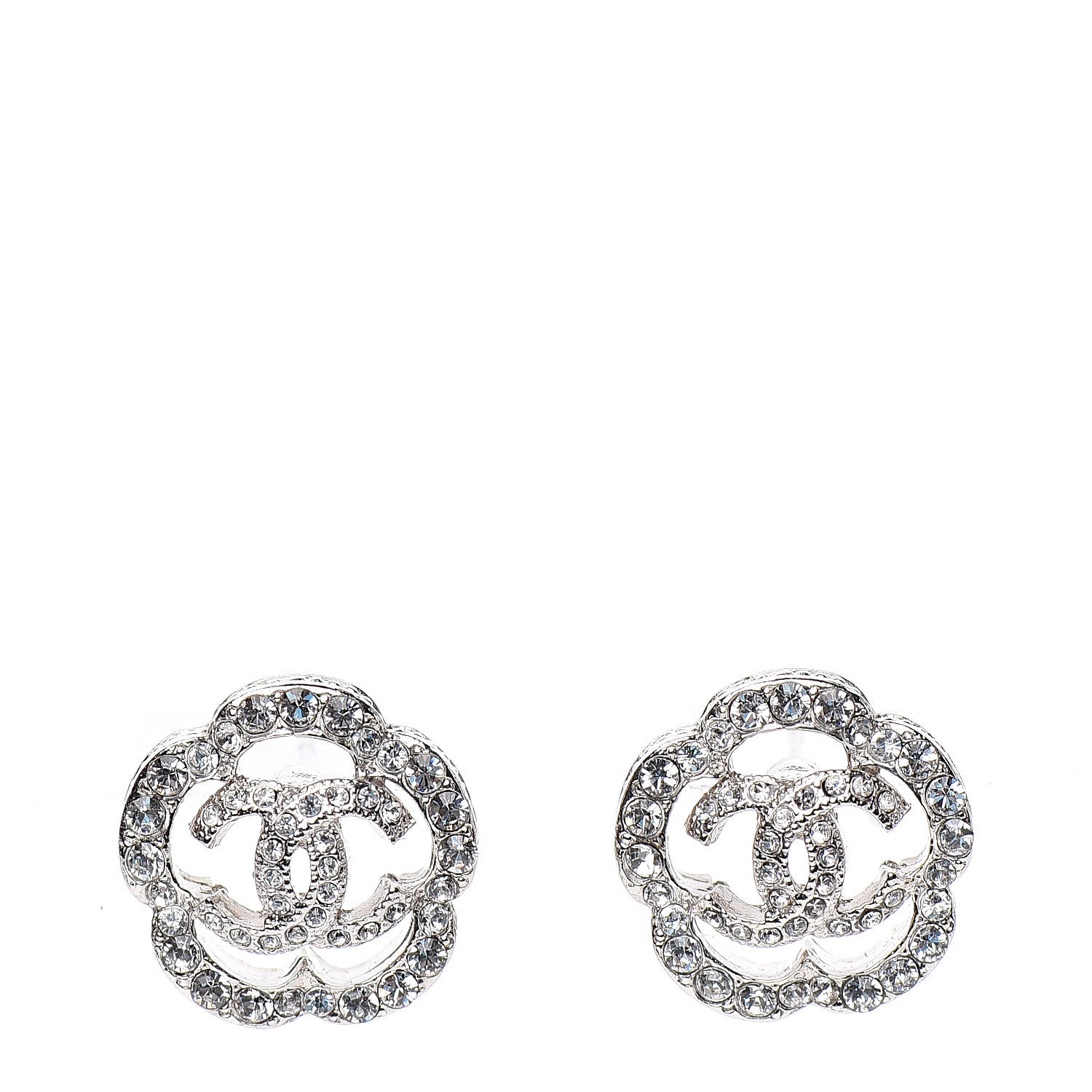 Chanel Crystal Coco Flapper Camellia CC Stud Earrings Silver 1 of 5