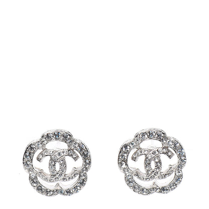 Chanel Crystal Coco Flapper Camellia CC Stud Earrings Silver 1 of 5