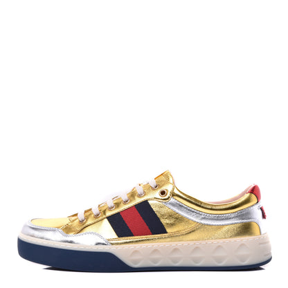 Gucci Metallic Nappa Web Mens Low Top Sneakers 8.5 Argento Oro Vecchio 1 of 12