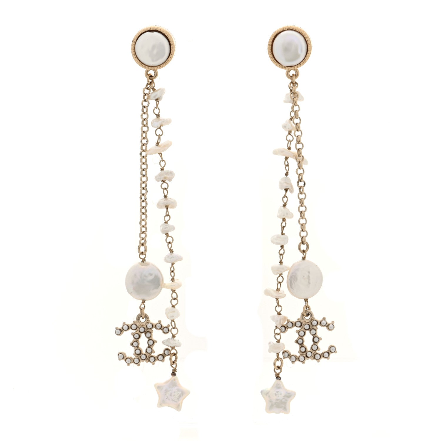 Chanel Crystal Mother of Pearl CC Star Dangle Earrings Gold 1 of 5