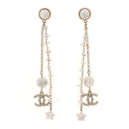 Chanel Crystal Mother of Pearl CC Star Dangle Earrings Gold 1 of 5