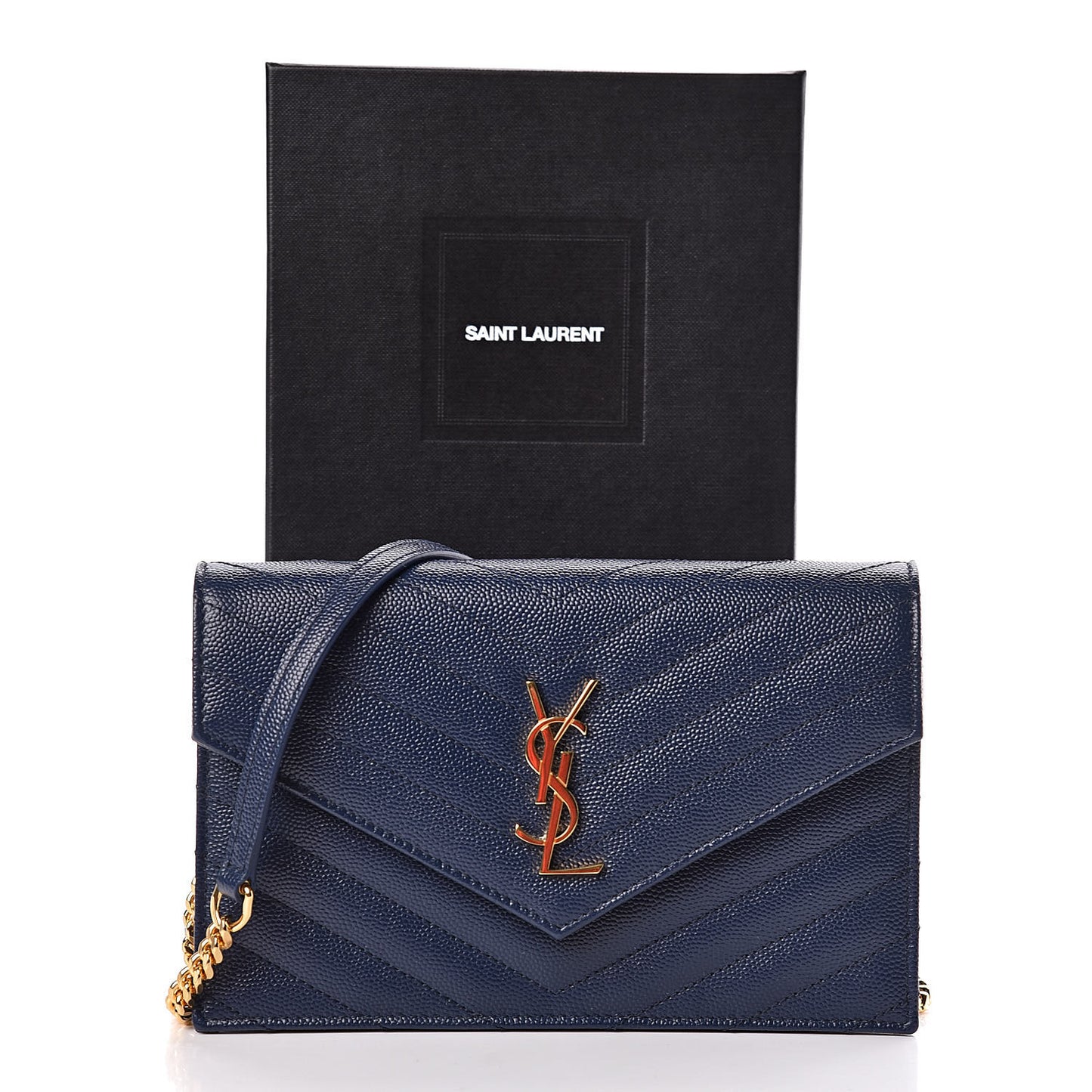 Grain De Poudre Matelasse Chevron Monogram Envelope Chain Wallet Navy