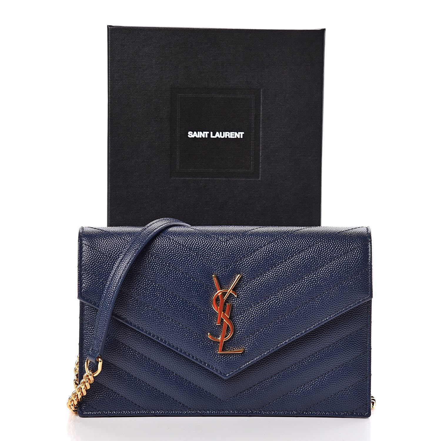 Saint Laurent Grain De Poudre Matelasse Chevron Monogram Envelope Chain Wallet Navy 10 of 10