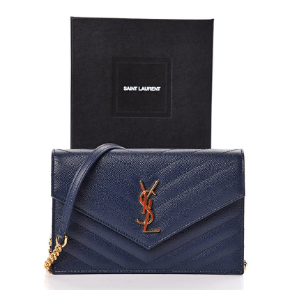 Saint Laurent Grain De Poudre Matelasse Chevron Monogram Envelope Chain Wallet Navy 10 of 10