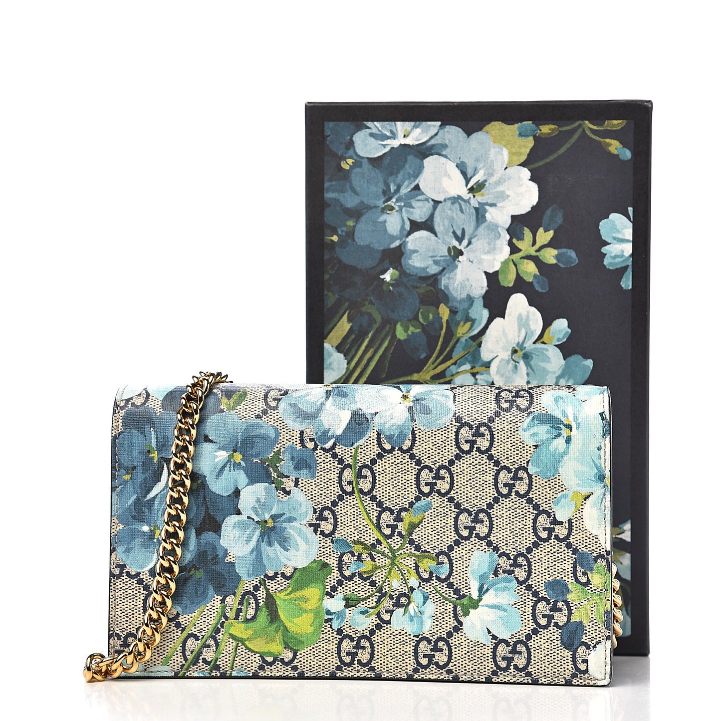 GG Supreme Monogram Blooms Chain Wallet Blue