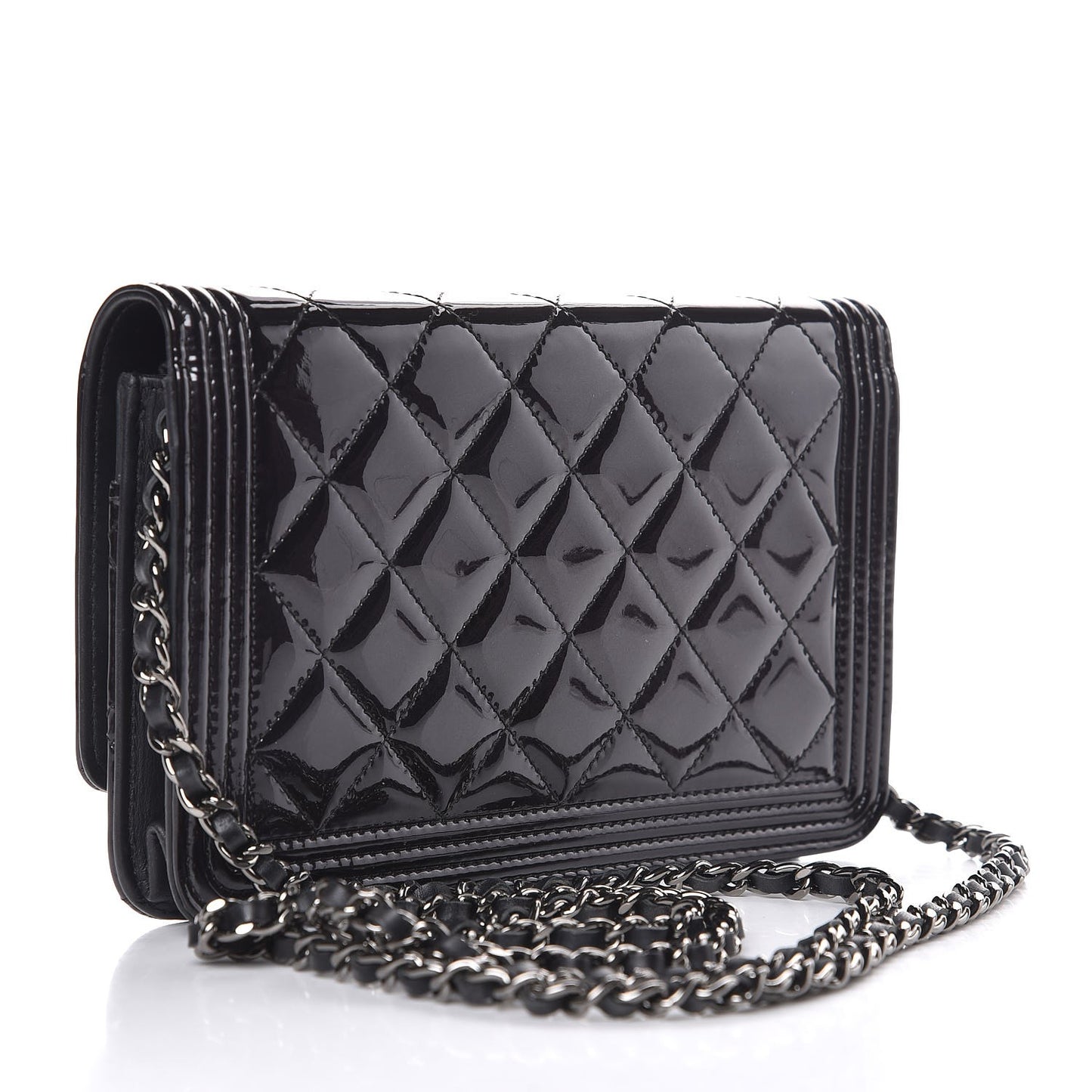 Patent Calfskin Quilted Boy Wallet On Chain WOC Black