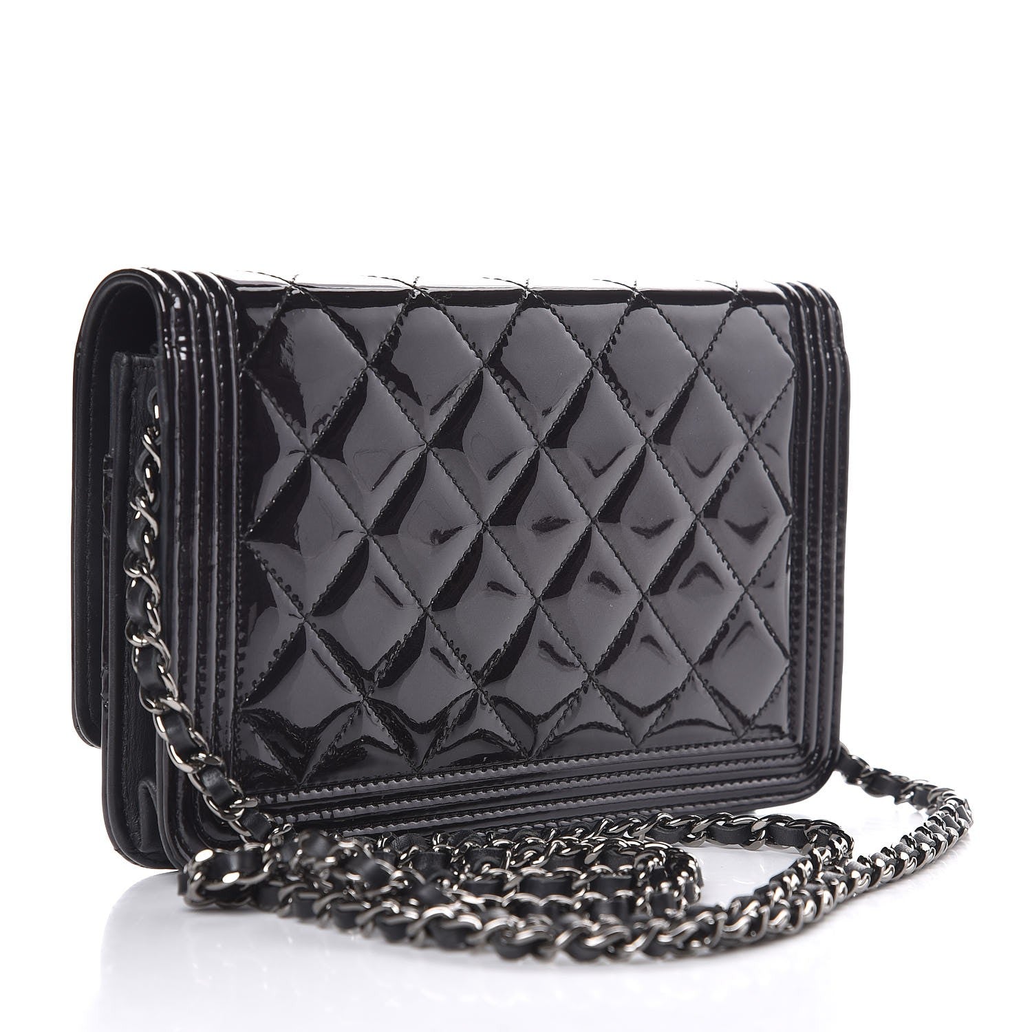Chanel Patent Calfskin Quilted Boy Wallet On Chain WOC Black 3 of 8