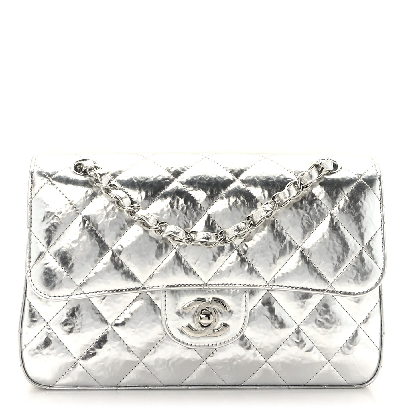 Hammered Metallic Calfskin Quilted Small Double Flap Silver