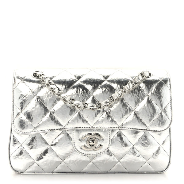 Chanel Hammered Metallic Calfskin Quilted Small Double Flap Silver