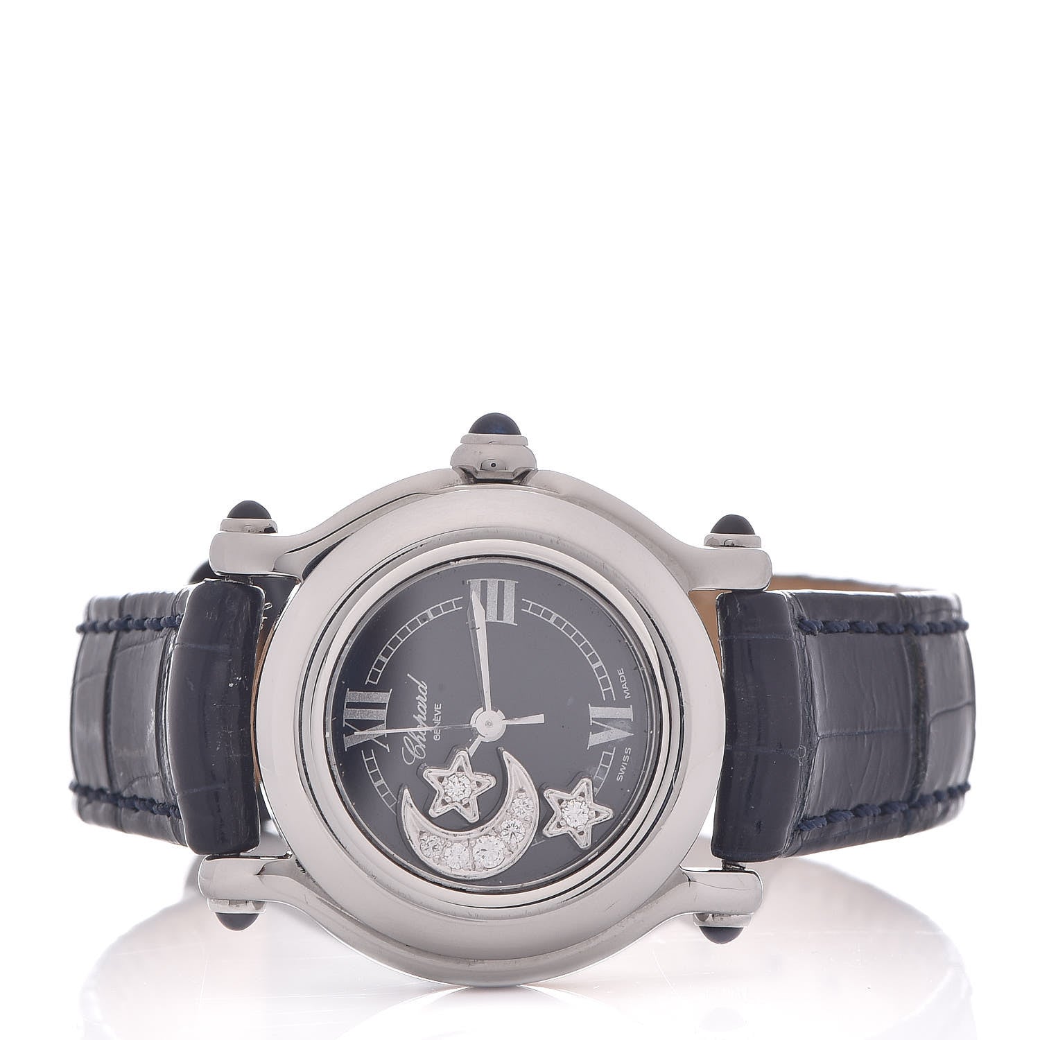 Chopard Stainless Steel Alligator Diamond 26mm Happy Sport Moon Star Quartz Watch Black 3 of 6