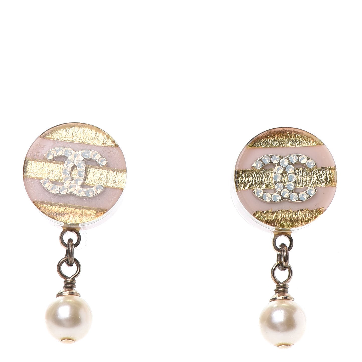 Resin Crystal Pearl Striped CC Drop Earrings Pink Gold