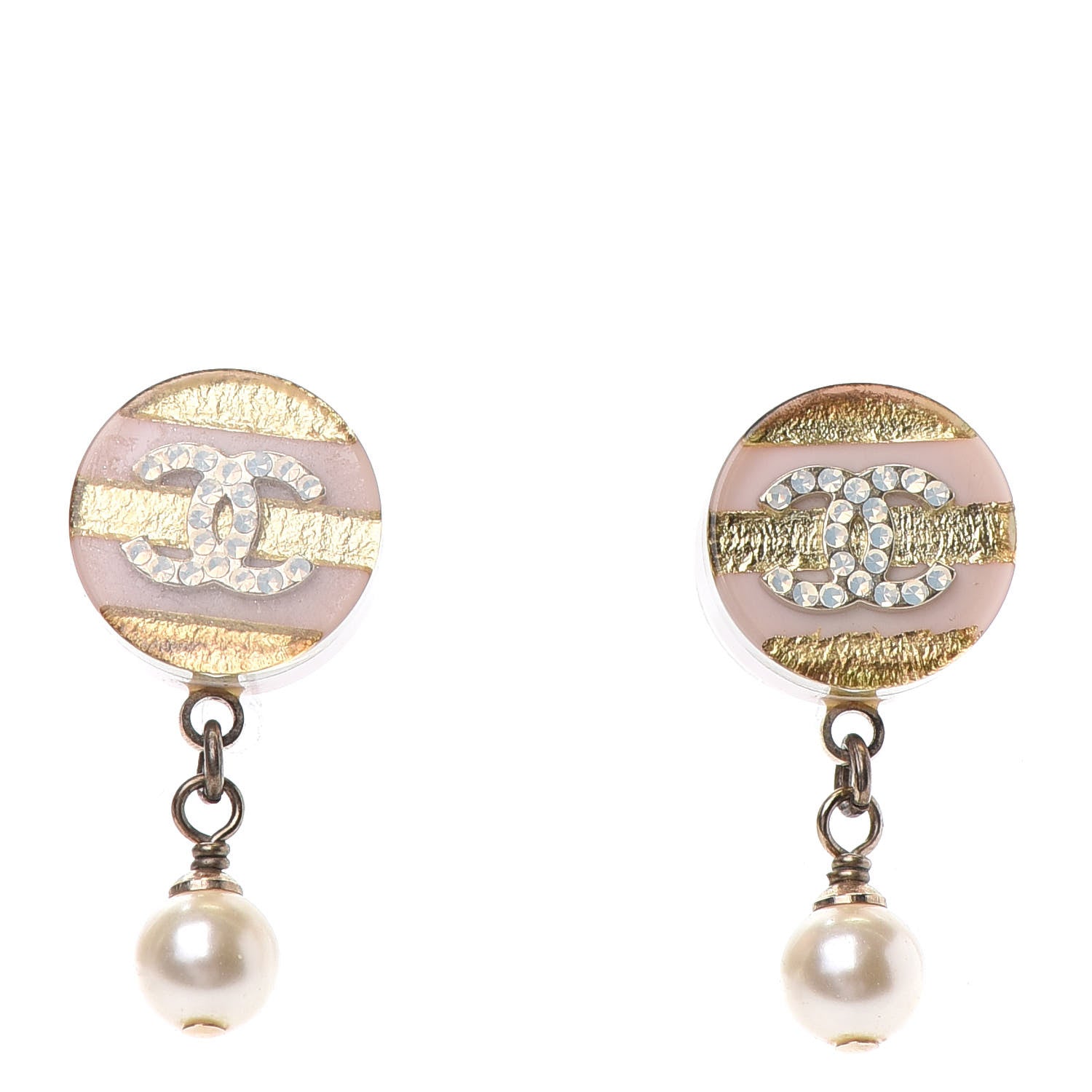 Chanel Resin Crystal Pearl Striped CC Drop Earrings Pink Gold 1 of 4