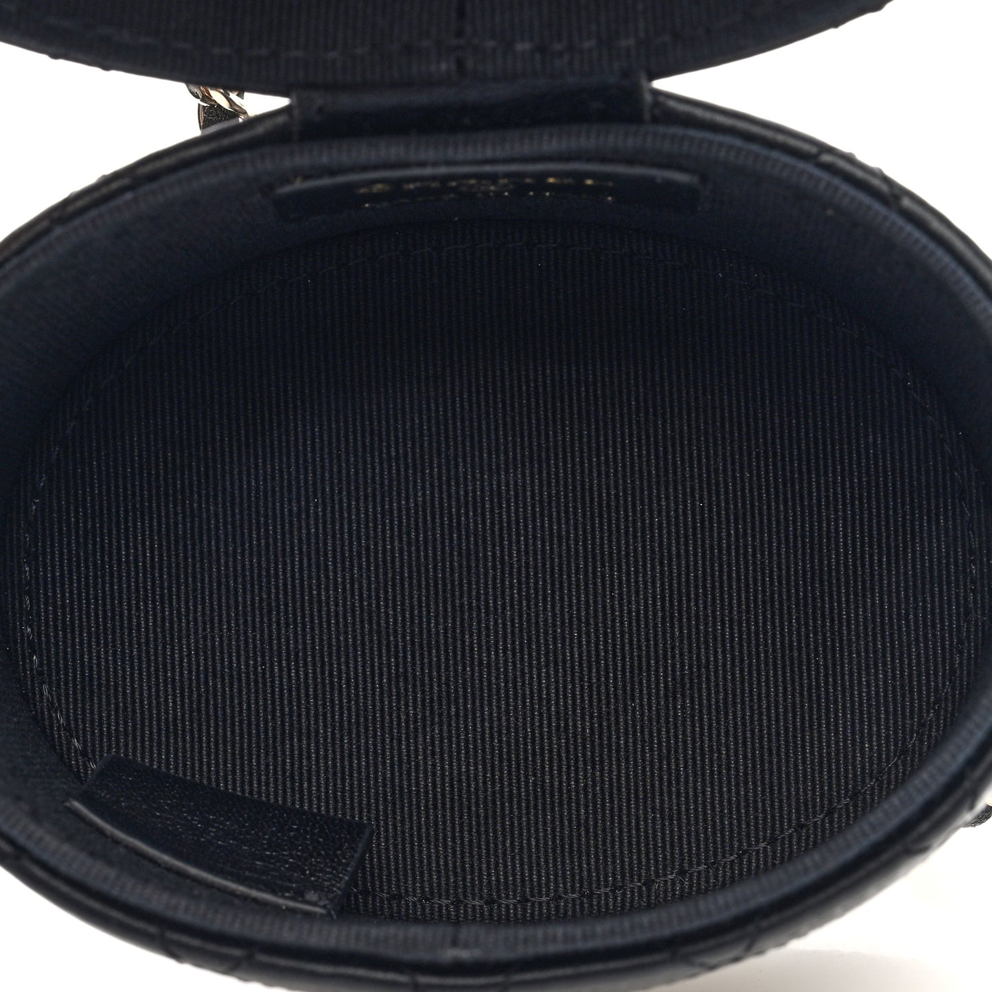 Lambskin Quilted Mini Round Vanity Case With Chain Black