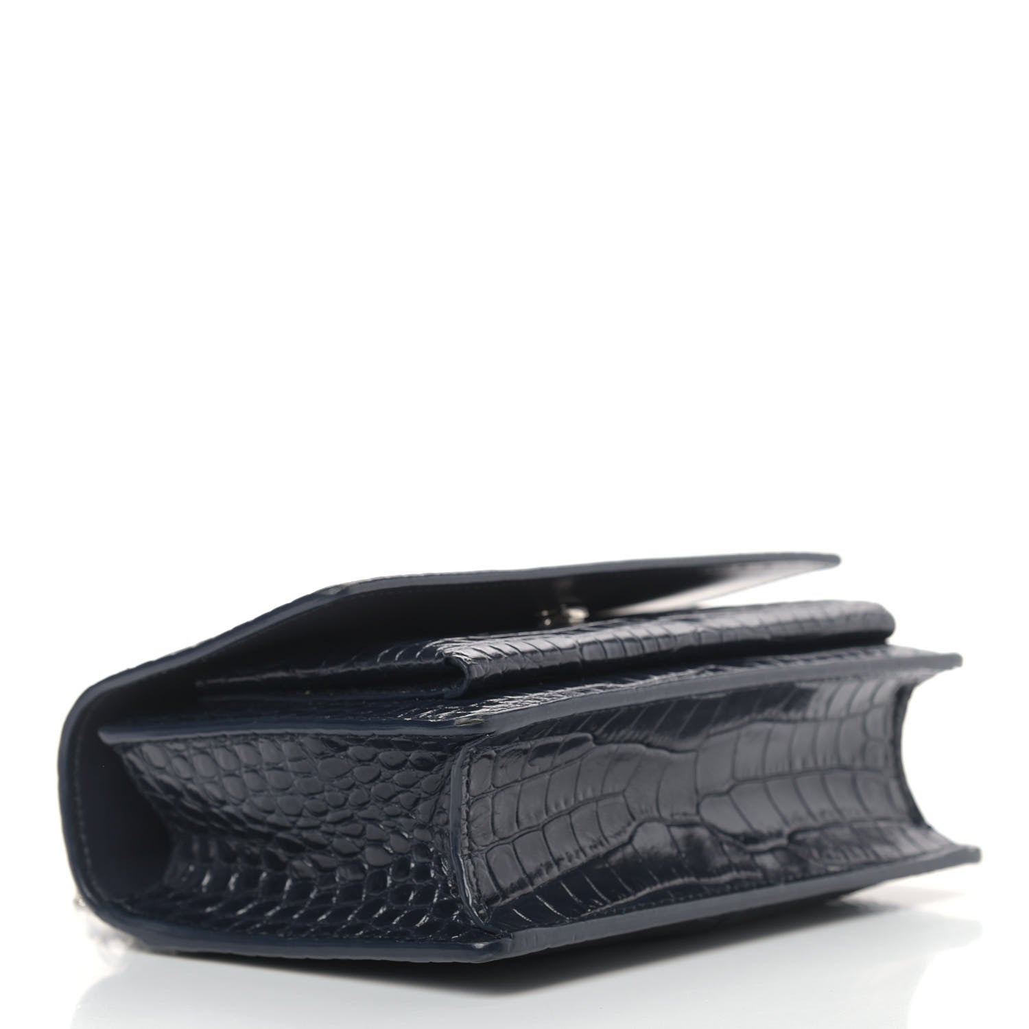 Saint Laurent Calfskin Crocodile Embossed Monogram Sunset Chain Wallet Navy 4 of 13