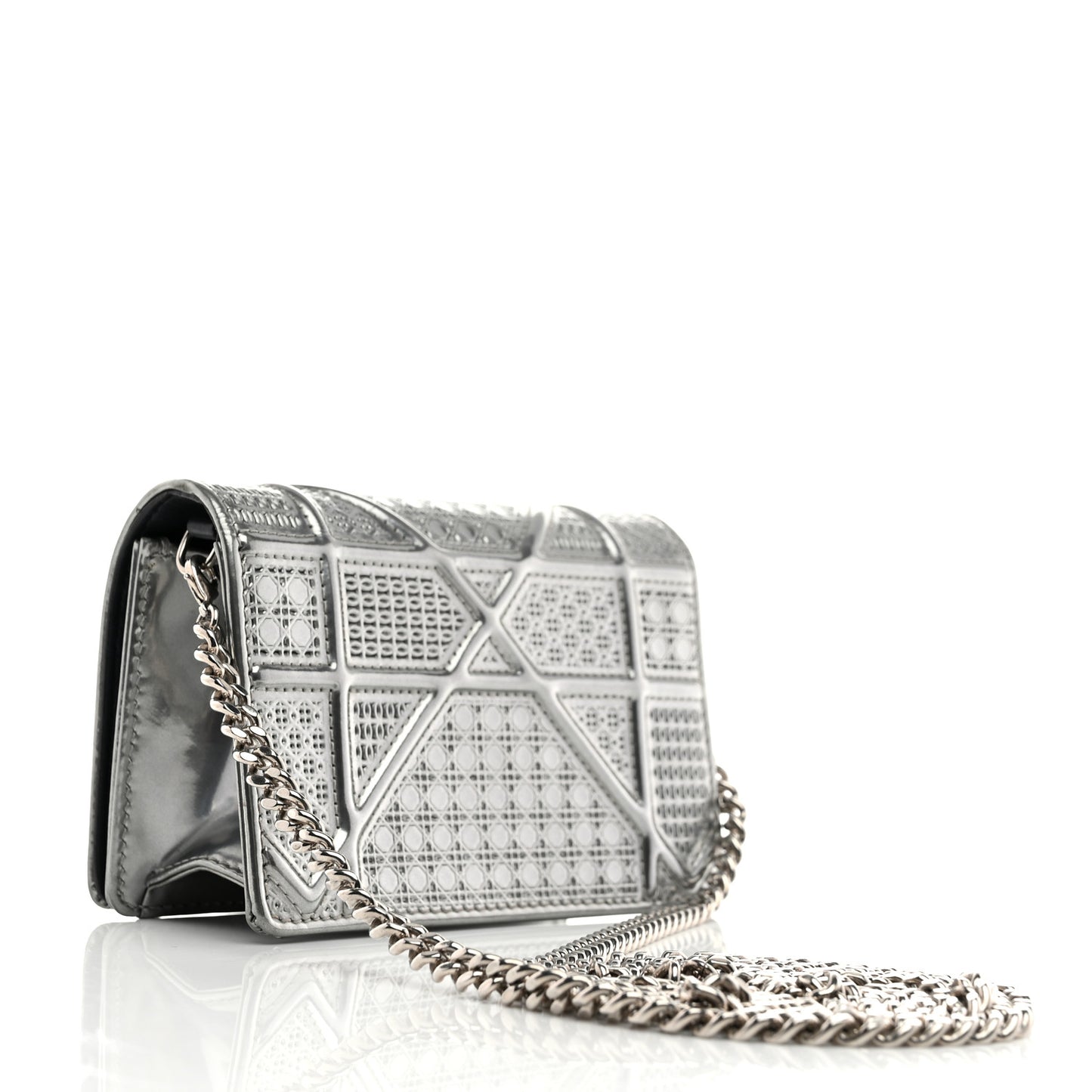 Metallic Patent Micro-Cannage Baby Diorama Flap Bag Silver