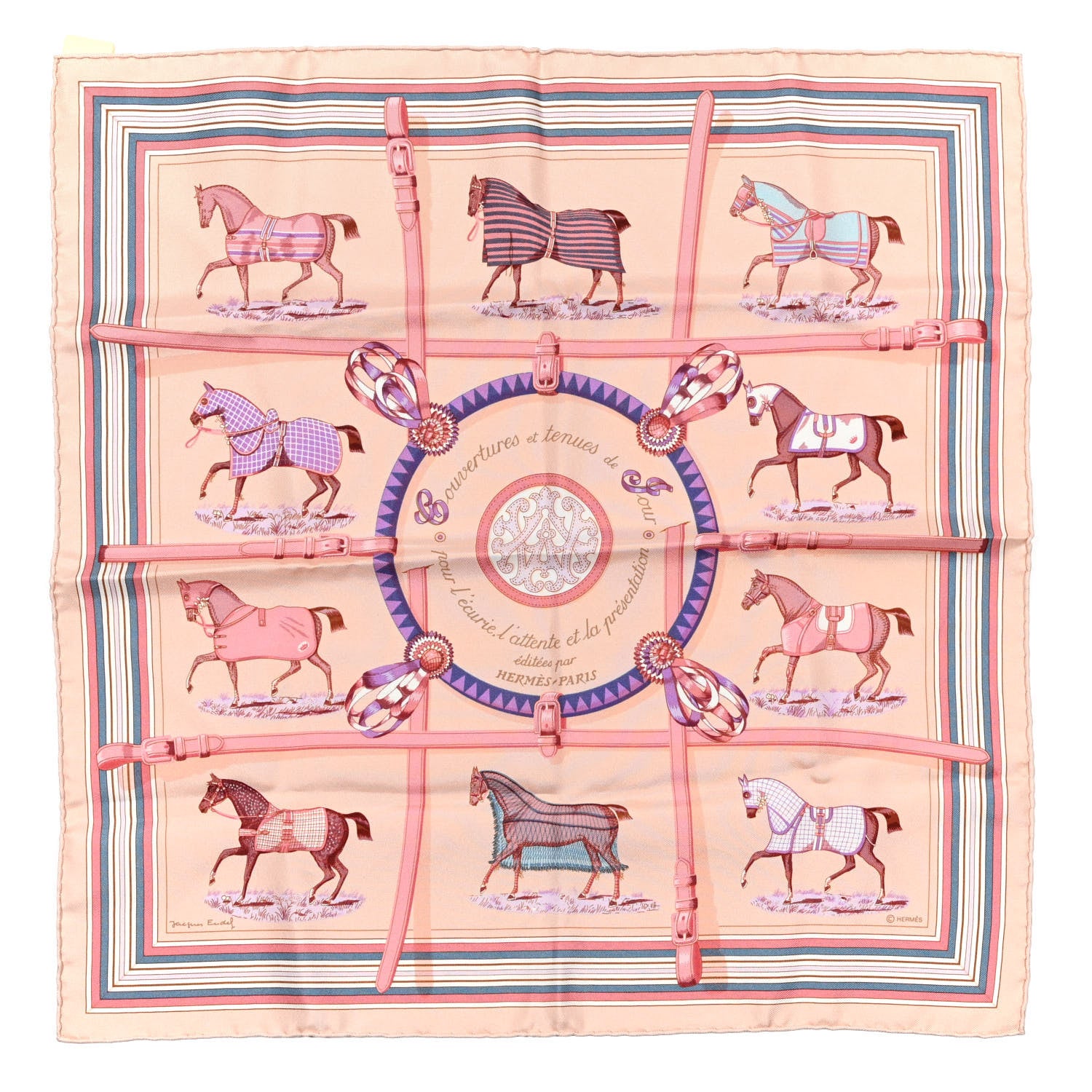 Hermes Silk Couvertures Et Tenues de Jour Pocket Square Rose Pale Blue Jean Dragee 1 of 5