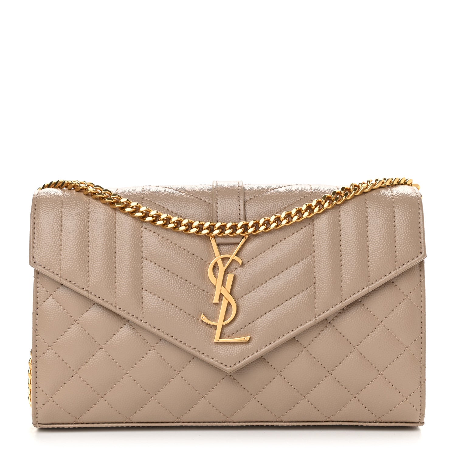 Saint Laurent Grain De Poudre Mixed Matelasse Triquilt Monogram Chain Wallet Dark Beige 1 of 9