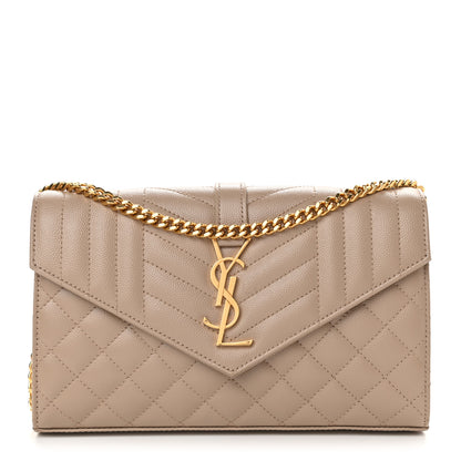 Saint Laurent Grain De Poudre Mixed Matelasse Triquilt Monogram Chain Wallet Dark Beige 1 of 9