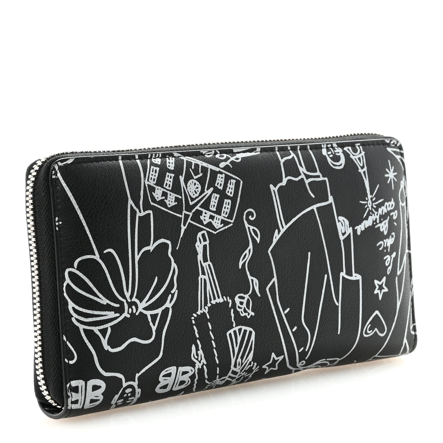 Calfskin Classic Silver Hardware Printed Tattoo Everyday Continental Zip Around Wallet Black