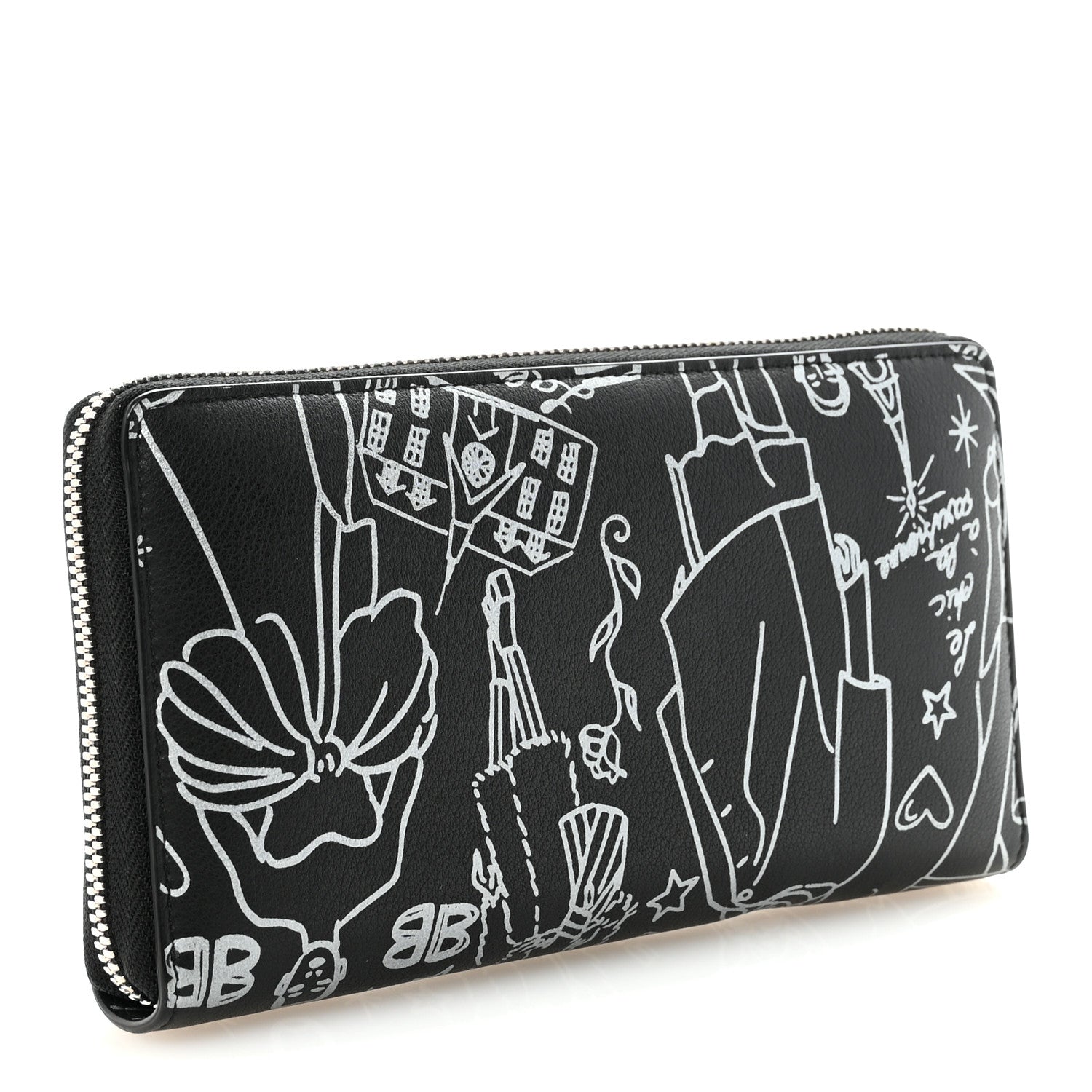 Balenciaga Calfskin Classic Silver Hardware Printed Tattoo Everyday Continental Zip Around Wallet Black 3 of 7
