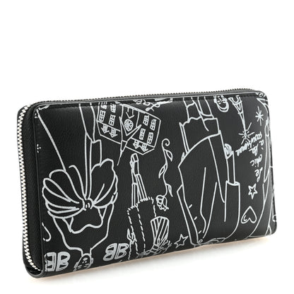 Balenciaga Calfskin Classic Silver Hardware Printed Tattoo Everyday Continental Zip Around Wallet Black 3 of 7