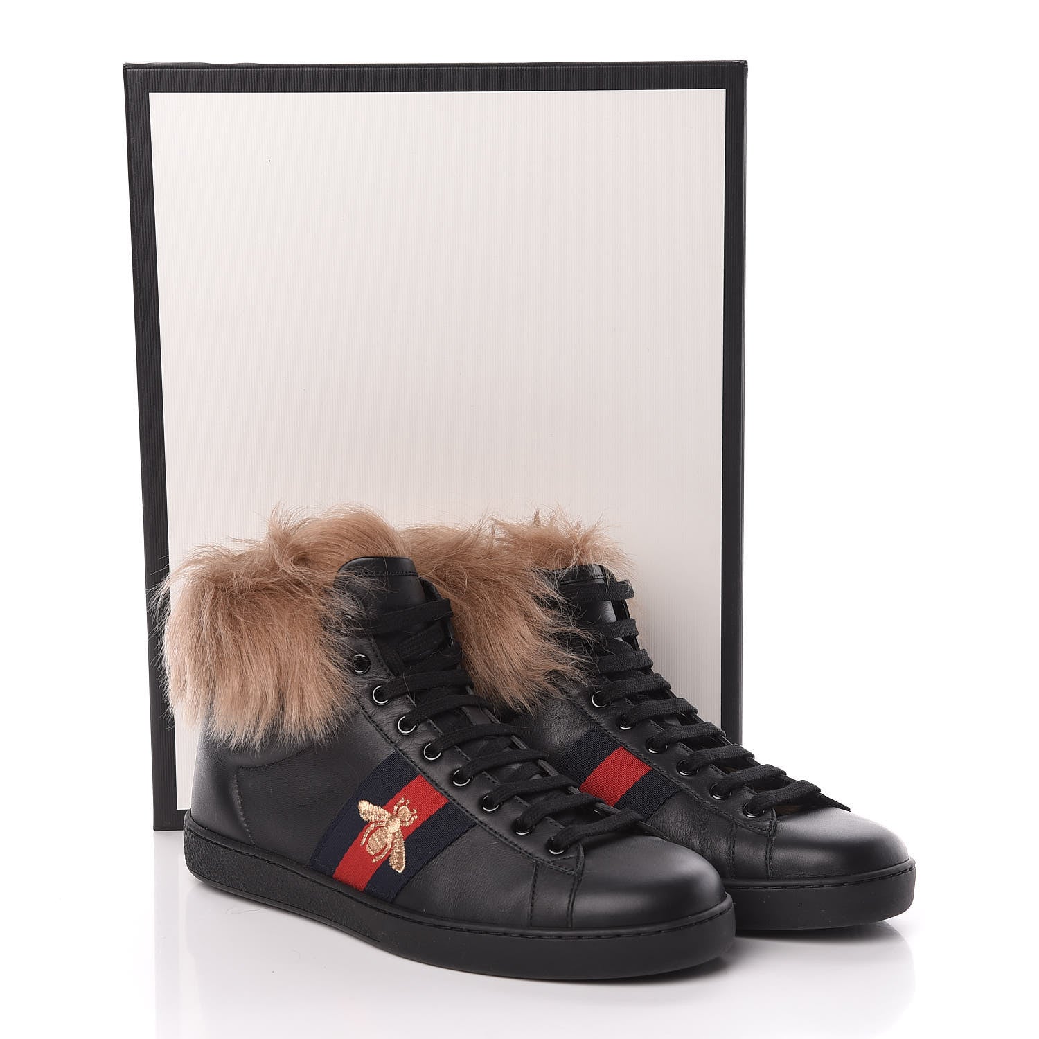 Gucci Calfskin Wool Web Bee Embroidered Mens Ace High Top Sneakers 6 Black 7 of 7