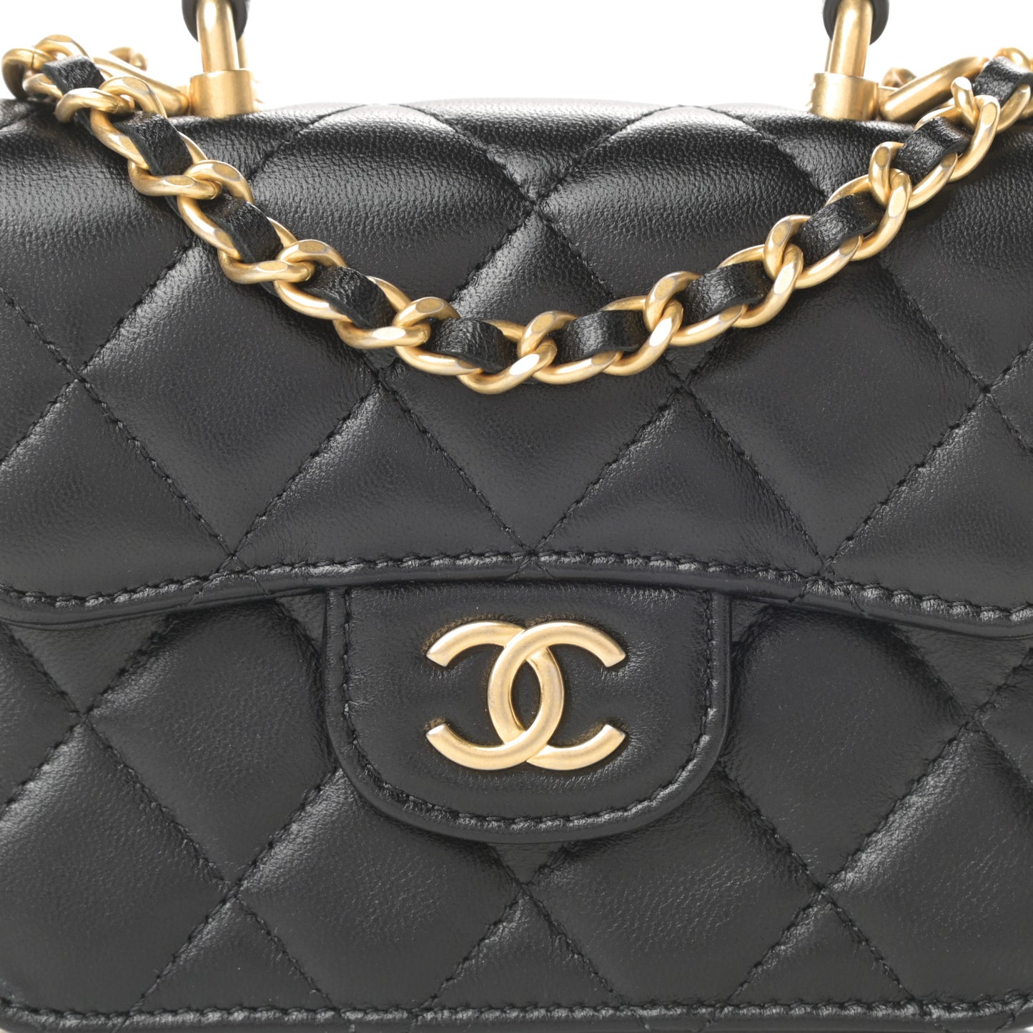 Lambskin Quilted Top Handle Flap Coin Purse With Chain Black